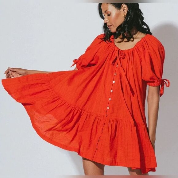 Cleobella Dresses & Skirts - Cleobella Emmeline Dress Size XS Red Organic Cotton Puff Sleeve Button Mini Boho